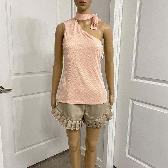 1. State The Artist Shadow One Shoulder Tie Neck Top. Pink. Small. Pastel - Picture 3 of 12